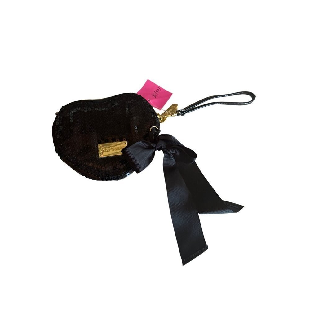 NWT Betsey Johnson Black Heart Wristlet With Sequins & Bow